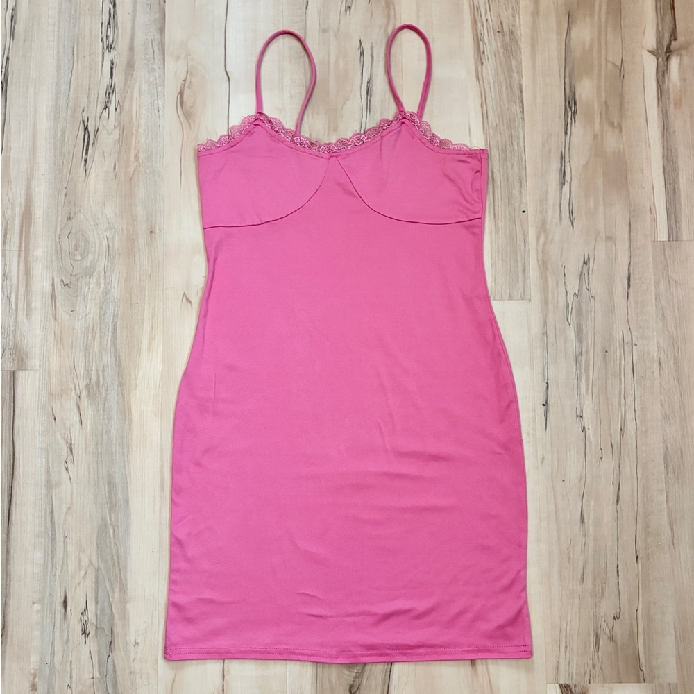 Medium Pink Stretch Lace Trim Mini Dress